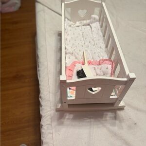 White Wooden Doll Cradle with Bedding